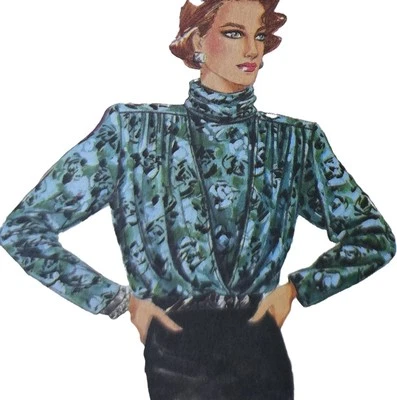 1980s High Collar Gathered Yoke Ruched Blouse Vogue 9445 Sewing Pattern - Image 1 of 3