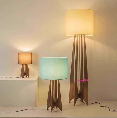 Vintage Walnut Wooden Floor Lamp Farbic Shade Modern Desk Light Table Fixture - Image 1 of 4