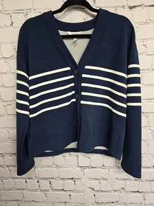 SPANX Cardigan Sweater Womens M Navy White Nautical Stripe Jersey Stretch Knit - Picture 1 of 10