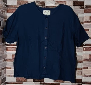 FLAX Jeanne Engelhart Women Linen Button Front Blouse Boxy Navy Blue Quote Tag L - Picture 1 of 14