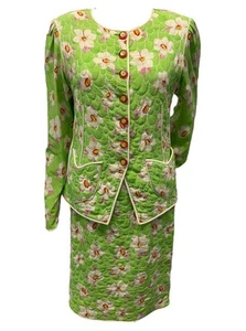 Vintage 80s Emanuel Ungaro Green & Pink Floral Quilted Silk Skirt Suit Womens 12 - Picture 1 of 22
