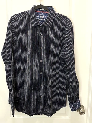 Bugatchi Uomo Button Down Long Sleeve Shirt Blue w/Multi Color Stripes VTG 90's - Image 1 of 4