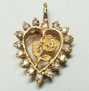 Vintage 14K Yellow Gold Rose Heart Diamond Halo Pendant Charm Appx .64 CTW - Picture 1 of 2