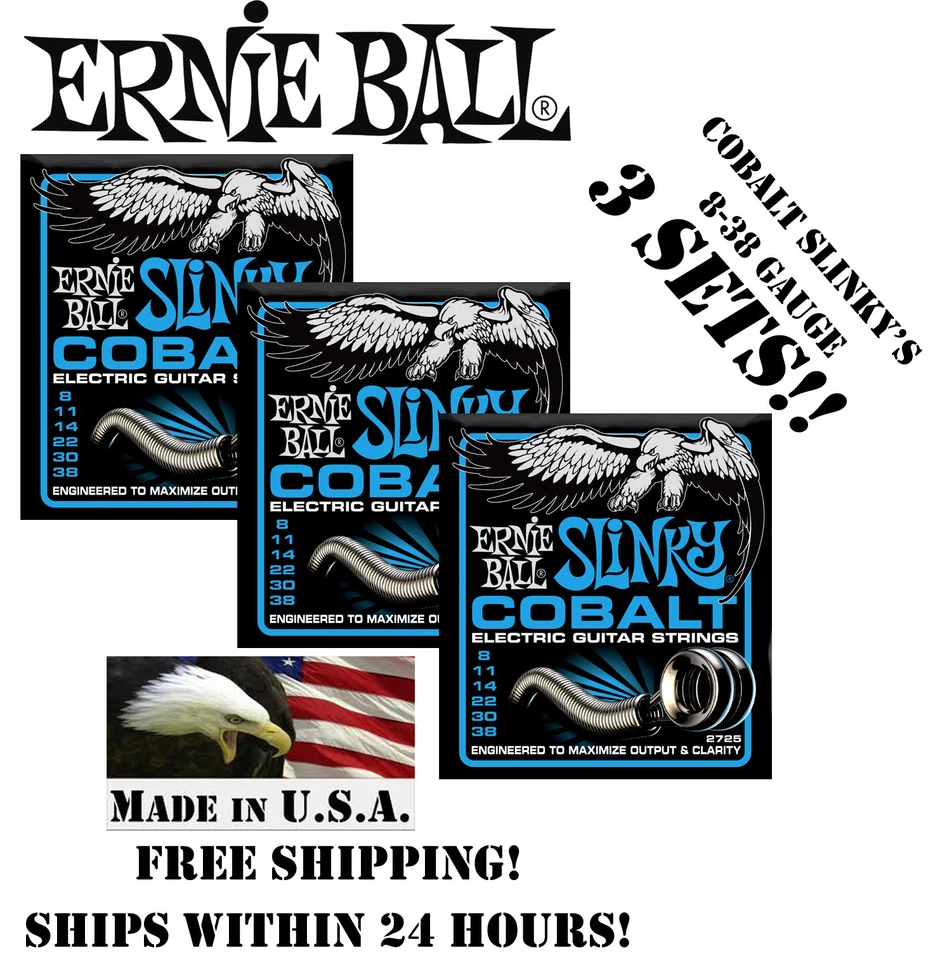 ** 3-УПАКОВКА ERNIE BALL COBALT EXTRA SLINKY 2725 СТРУНЫ ДЛЯ ЭЛЕКТРОГИТАРЫ 8-38 ** - Изображение 1 из 1