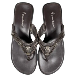 Bare Traps Benny Dark Brown Leather Sandals Women 7.5 M Silver Bead Flip Flop - Picture 1 of 9