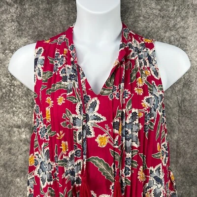 Antiguo Vestido Azul Marino Mujer Grande Rojo Floral Tropical Borla Plisado Boho Cruise Resort Foto 1 de 4