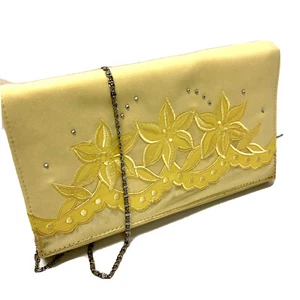 Vtg 80's BMJ Studio Yellow SATIN Embroidered FLORAL Chain Cocktail Purse Clutch - Picture 1 of 9
