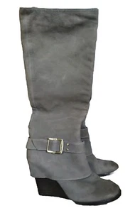 Vince Camuto Alician Knee High Wood Wedge Boots Taupe Suede Buckle Sz 7 B 37 - Picture 1 of 8