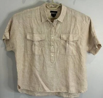 J Crew Baird McNutt Irish Linen Short Sleeve Popover Boxy Shirt Tan Stripe 14 - Image 1 of 4