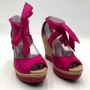 UGG Espadrille Wedge Sandals Women's 7 Leather Pink Silk Tie straps - Picture 1 of 21