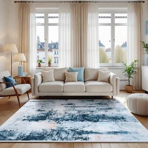Washable Abstract Area Rug 4x6 Blue Modern Living Room Rug Non-Slip Non-Shedd... - Picture 1 of 8