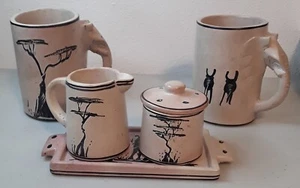 Africa , Stone , Carved , Decorated , 2 Mugs , Tray , Creamer , Sugar Dish - Picture 1 of 18