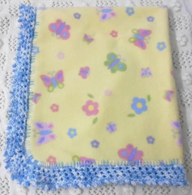 Lemon Baby Blanket, butterflies, Hand-knitted frill, soft Fleece. 84cm x 74cm - Image 1 of 4