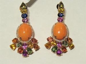 LAST CALL! $12500 RARE IMPORTANT 18KT LRG CORAL FANCY SAPPHIRE DIAMOND EARRINGS - Picture 1 of 1