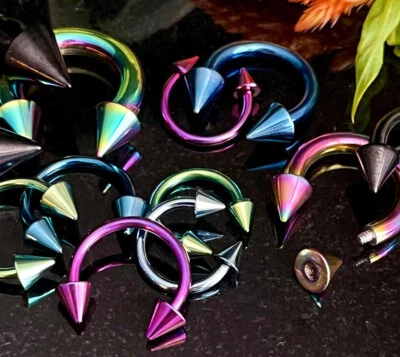 PAIR Titanium Spiked Circular Barbells Horseshoe Septum, Eyebrow, Nipple Rings - Image 1 of 4