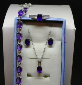 4 pcs Set  Amethyst, Zircon Platinum Over 925 SS Ring, Bracelet, Earrings, Pend. - Picture 1 of 10