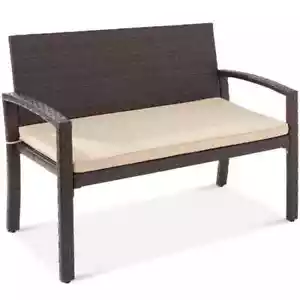 2-Person Brown Wicker Outdoor Patio Bench with Tan Cushion - Picture 1 of 7