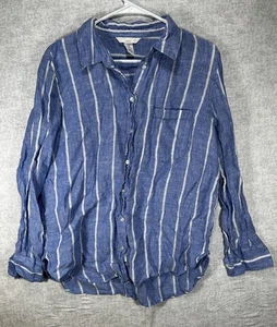 H & M Linen Oversized Fit Button Down Blue Striped Shirt Women's Size Medium - Picture 1 of 6