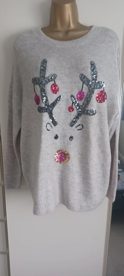 LADIES TU CHRISTMAS JUMPER SIZE 18 OATMEAL & GREY MIX WITH SEQUIN REINDEER - Image 1 of 4
