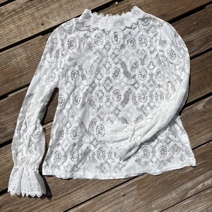 Blusa Top Blanco Encaje Transparente Mujer Manga Larga Cuello Alto Transparente Vintage - Imagen 1 de 5