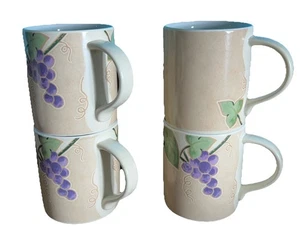 Mikasa Chablis Iron Stone Set of 4 MUGS 3 7/8"H 3 1/2"D Tan Purple Grapes CW409 - Picture 1 of 4