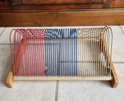 Vintage Porte Vinyle Support Disque en Bois - Fil Métallique 50 Places Années 60 - Photo 1/4