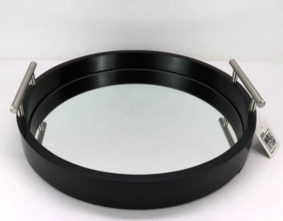 Серверный лоток черный круглый зеркальный низ с ручками из нержавеющей стали 15 дюймов - Изображение 1 из 4