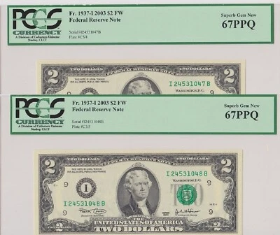 $2 FRN Minneapolis - 2 Consecutive Serial Numbers  - Fr.1937-I 2003 FW - PCGS 67 - Image 1 of 4