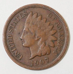 1907 Indian Head Penny, coin is a Very Fine small cent (8+ items ship for free) - Picture 1 of 2