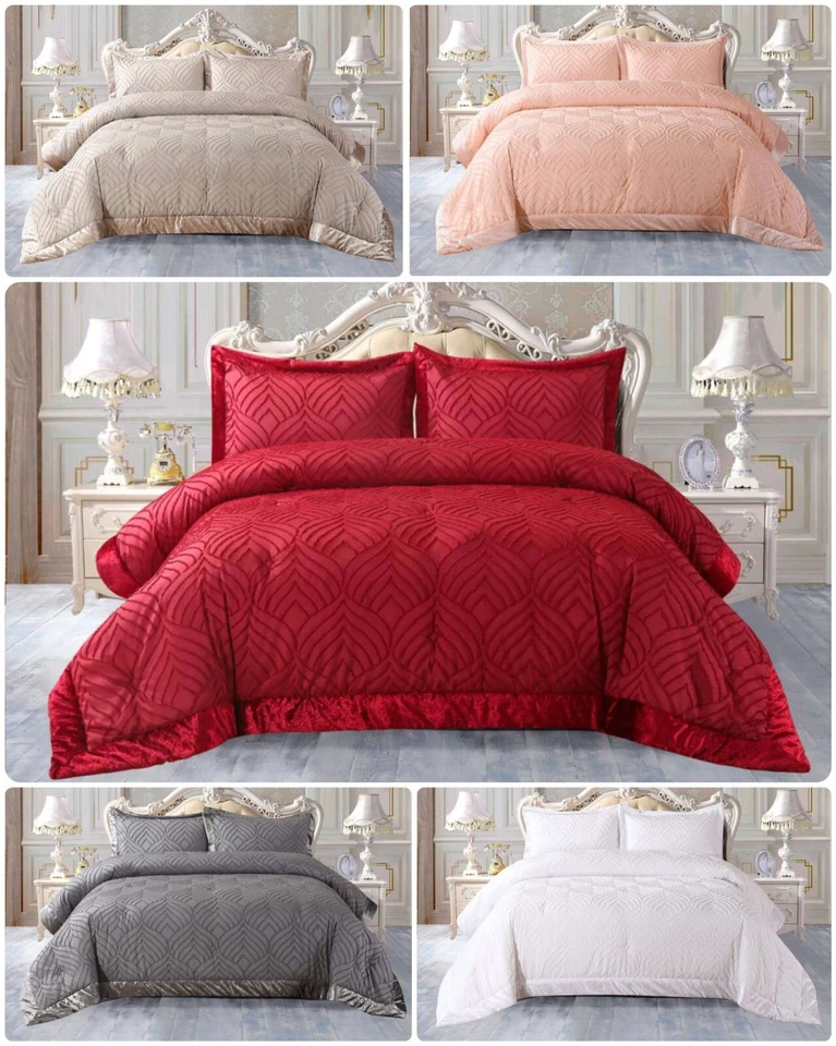 3Piece Velvet Quilted Bedspread Throw Luxury Bedding Set Double Super King Sizes - Image 1 of 4