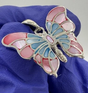 Beautiful Sterling Silver 925 Inlaid Pink And Blue Shell Butterfly Pendant 0.9” - Picture 1 of 22