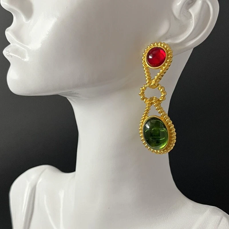 Door Knocker Earrings Green Red Glass Cabochon Matte Gold Drop Pierced - Image 1 of 1
