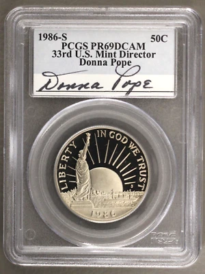 1986-S 50c Statue Of Liberty Proof Half PCGS PR69DCAM Donna Pope Signed Label - Image 1 of 2