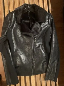 Rock & Republic Coated Faux Suede Asymmetrical Zip up Moto Jacket Faux Fur Small - Picture 1 of 12