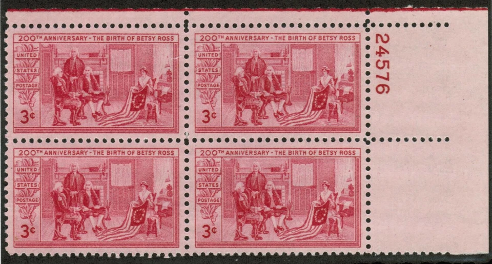 US USA Sc# 1004 MNH FVF PLATE # BLOCK Flag Betsy Ross Robert Morris - Image 1 of 1