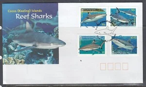 Cocos (Keeling) Is. Scott 341-3 FDC - Tiburones de arrecife - Imagen 1 de 1