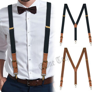 Mens Suspenders Adjustable Elastic Leather Y-Shaped Hooks Pants Braces Solid