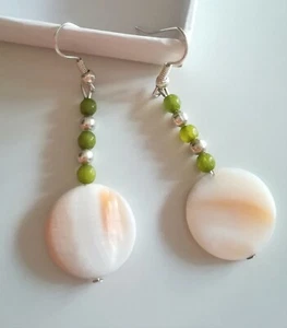 ORECCHINI PERIDOTO NATURALE, MADREPERLA COIN E ARGENTO, REGALO DONNA - Foto 1 di 11