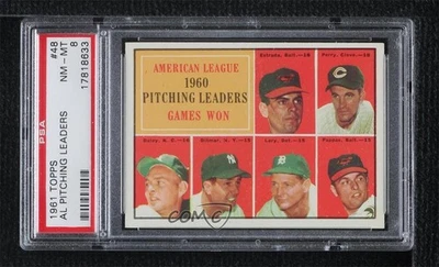1961 Topps League Leaders Chuck Estrada Jim Perry Bud Daley Art Ditmar #48 PSA 8 - Image 1 of 2