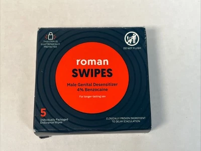 Roman Swipes, Paquetes de 5, 4% Toallitas Benzocaína para Eyaculación Precoz..+ Foto 1 de 4