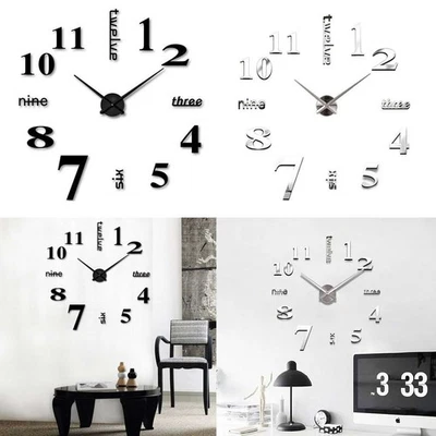 3D Wall Clock Mirror Surface Large Modern DIY Sticker Office Home Shop Art Decor - Image 1 of 4