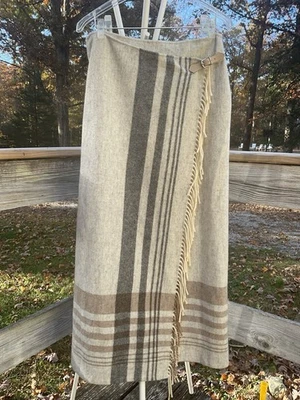 Lauren Ralph Lauren Vintage Wool Blanket Skirt Sz 10 Beige Tan Fringe Leather L - Image 1 of 4
