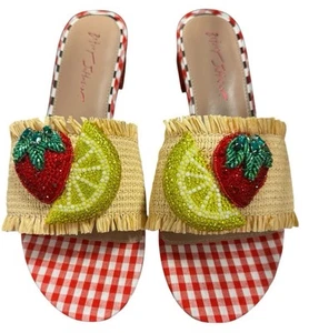 Brand New! Betsey Johnson Lindyy Red GINGHAM Fruit Slide Sandals Sz 9 $89 MSRP - Picture 1 of 4