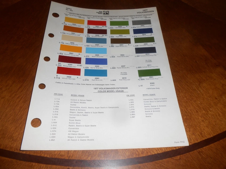 Volkswagen 1977 astillas de pintura/colores exteriores VW Bug Rabbit Scirocco Bus Dasher Foto 1 de 1