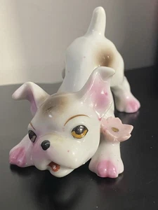 Vintage French Bulldog Ceramic Figurine Brown Eyes Playful Pink Marked Japan - Picture 1 of 10
