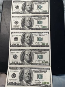 2006 a 5 Consecutive 100 Dollar Bill Kkk58165654a To Kkk58165658 Uncirculated - Picture 1 of 11