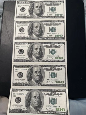 2006 a 5 Consecutive 100 Dollar Bill Kkk58165654a To Kkk58165658 Uncirculated - Image 1 of 4