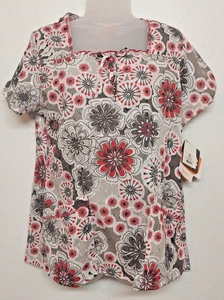elan by Barco SCRUB top Size Medium NEW TAGS Floral Embroidered Eyelet Gray Red - Picture 1 of 10