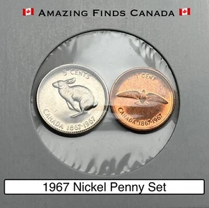 1967 Canada 5 Cent Bunny Nickel & 1 Cent Copper Bird Penny - 2 Coin Set - Picture 1 of 2