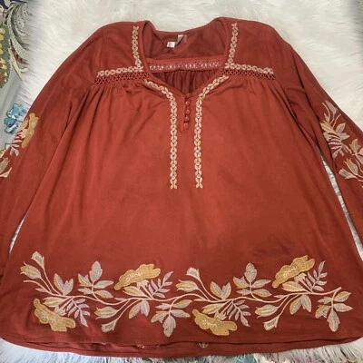 Top Monoreno Mujer Naranja Quemado Boho Hippie Floral Bordado Talla Grande Foto 1 de 4